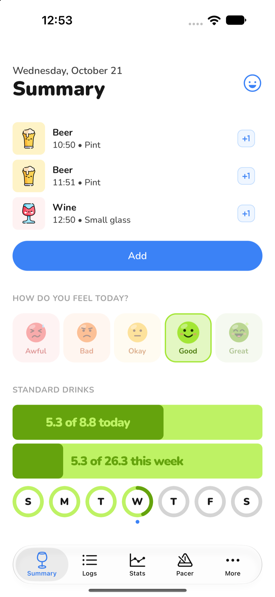 Daily summary with drink logs, mood check-in and weekly progress
