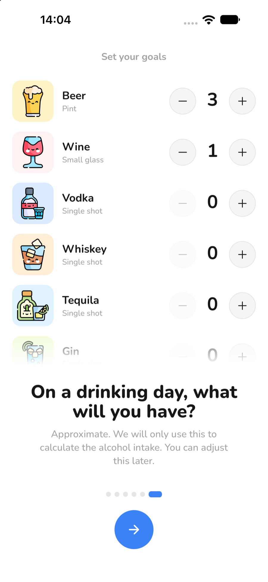 Onboarding question asking what you drink on a typical day