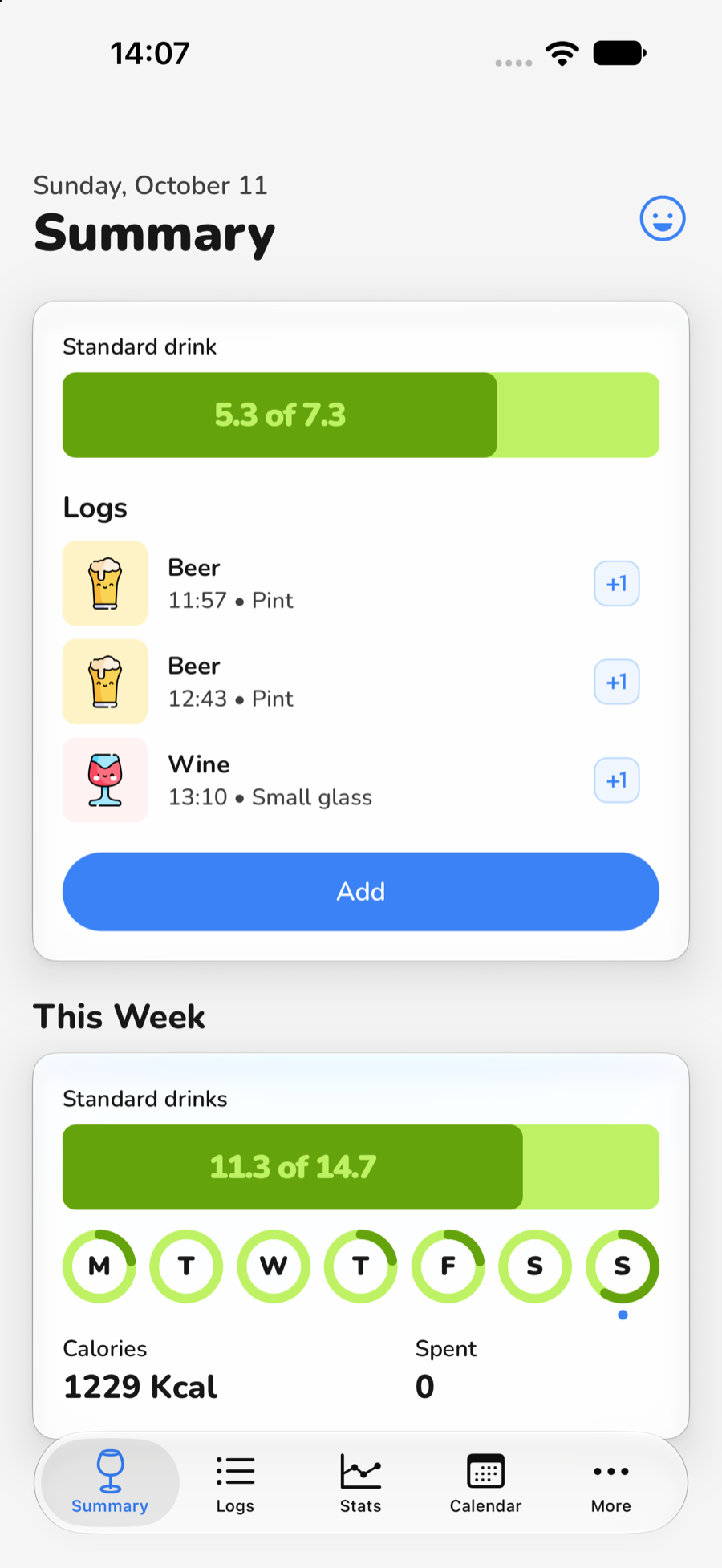 Daily summary with drink logs and weekly goal progress