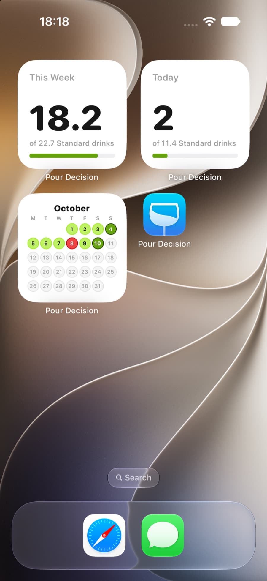 Pour Decision widgets on an iPhone home screen